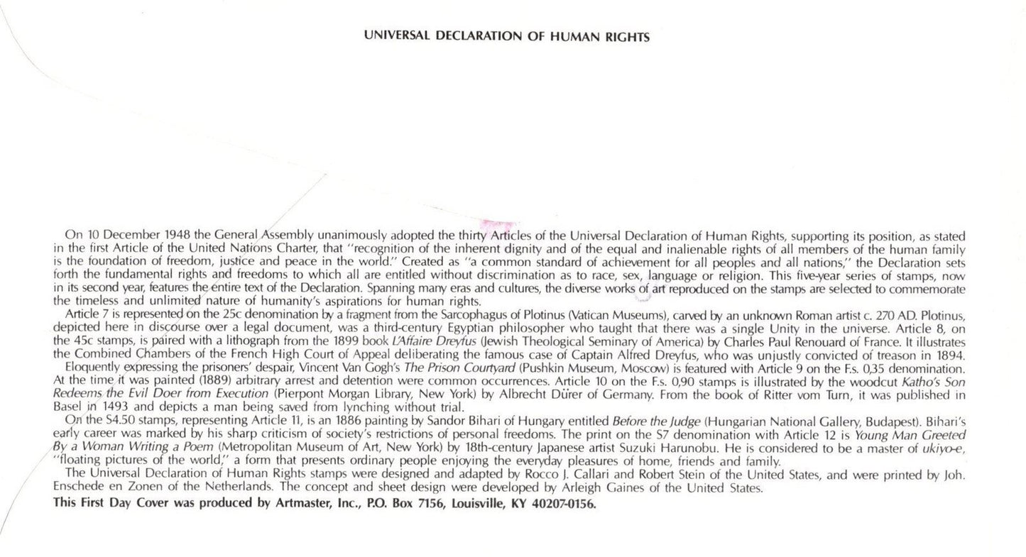 United Nations FDC Human Rights Article 8 Artmaster cachet ZAYIX 031823SM110