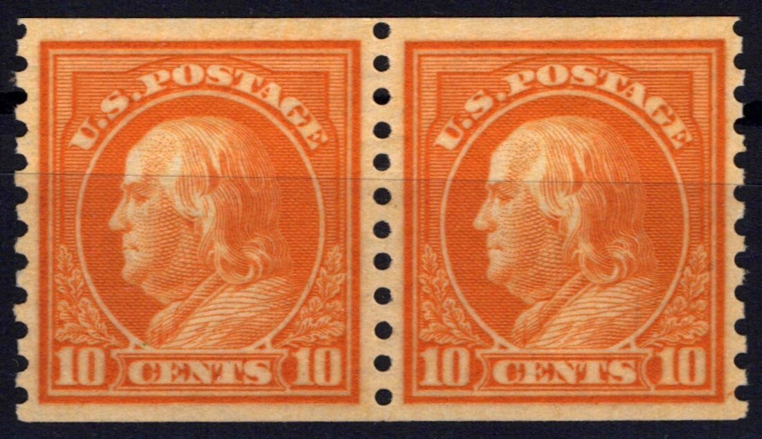US 497 MNH XF 10c org yel Franklin Rotary perf 10 coil pair ZAYIX 0424MAR0050