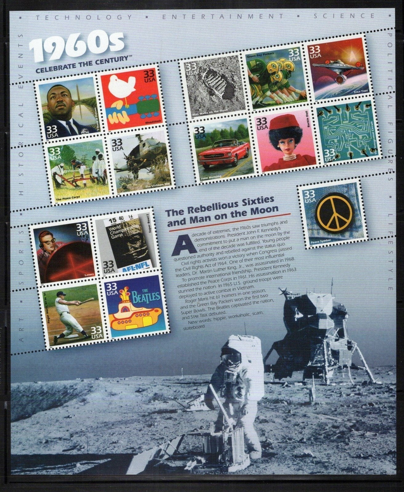 US 3182-3191 MNH Celebrate the Century Souvenir Sheets in Folio ZAYIX 0324L0134M