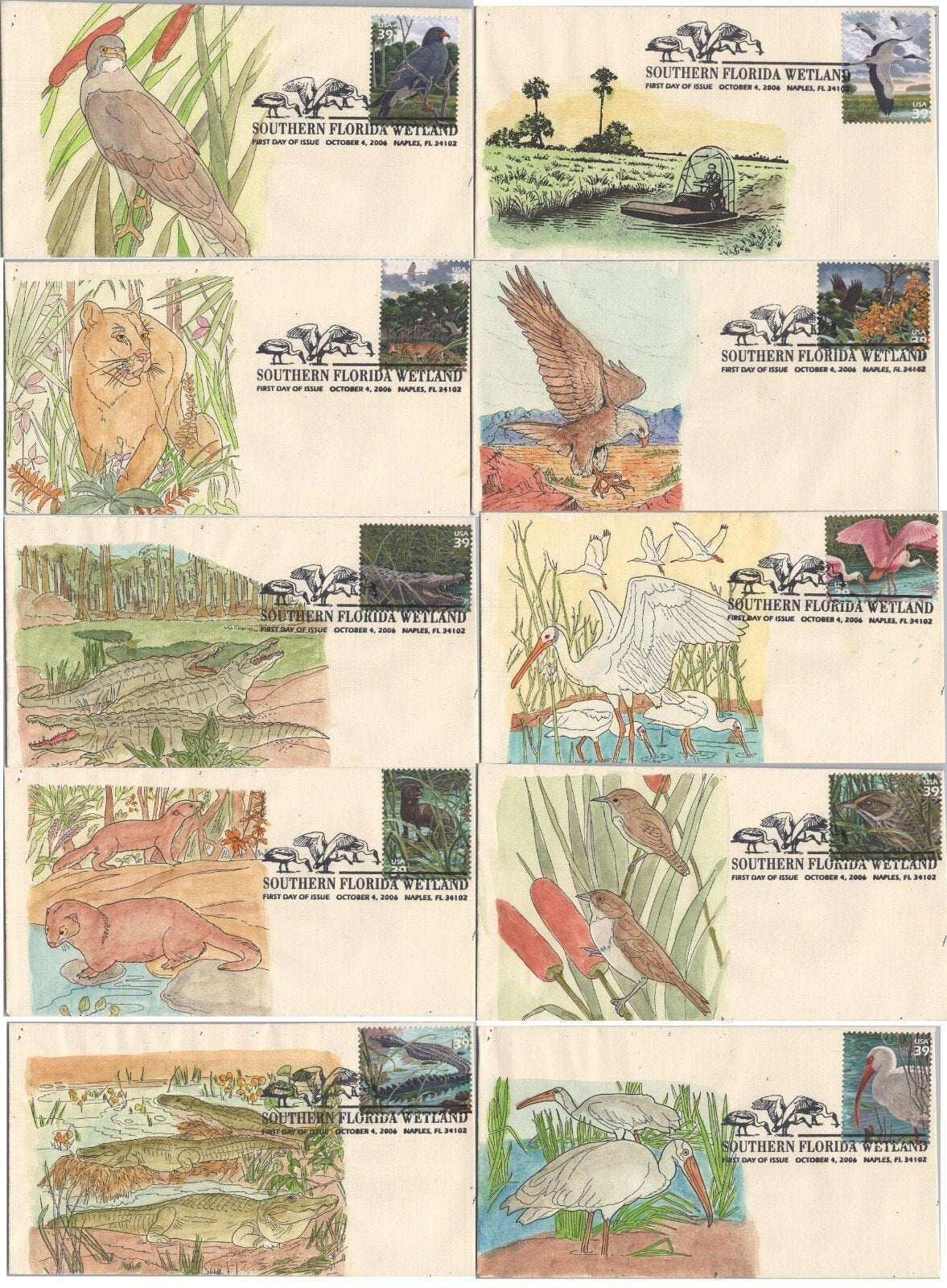 US 4099 SMB Cachets 10 hand-colored FDC Florida Wetlands birds ZAYIX 120622SM23
