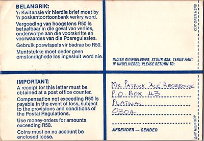 1988 South Africa Registered Cover with Christmas Seals Platwal Cancel ZAYIX