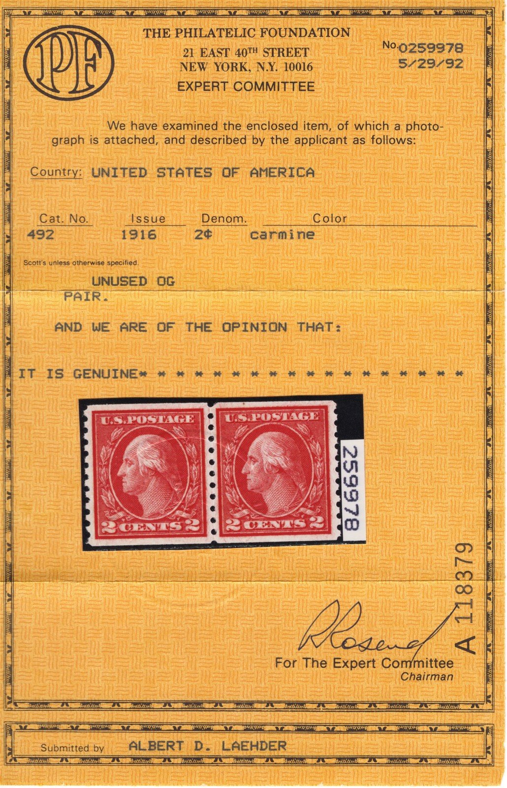 US Stamp 492 MNH XF/S 2c Washington coil pair with PF Cert ZAYIX 1024M_MAR023