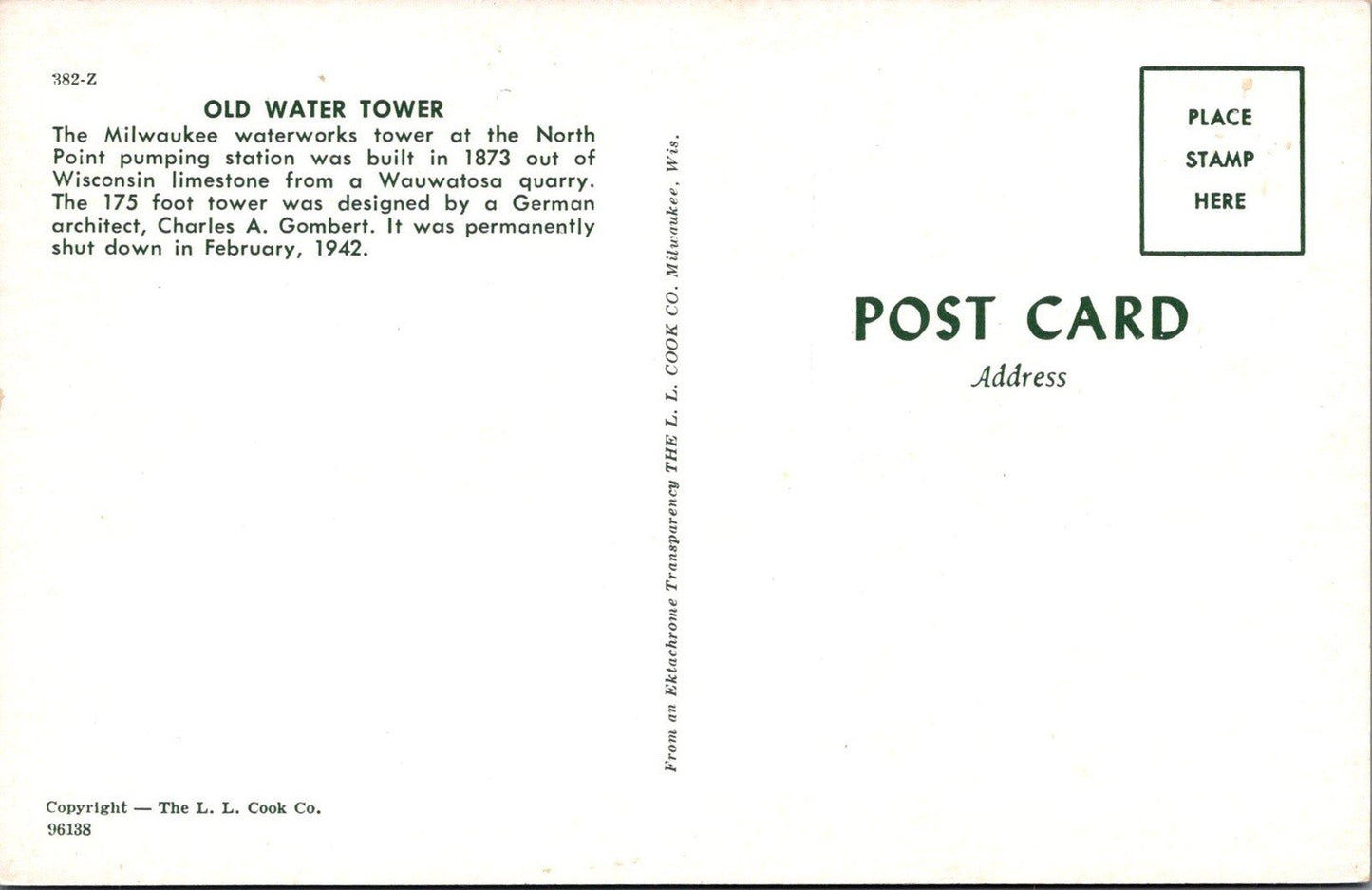 Old Water Tower of the Milwaukee Water Works Built in 1873 Postcard ZAYIX
