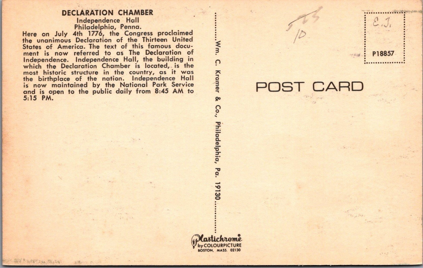 Declaration Chamber Independence Hall Philadelphia Penn. Postcard ZAYIX