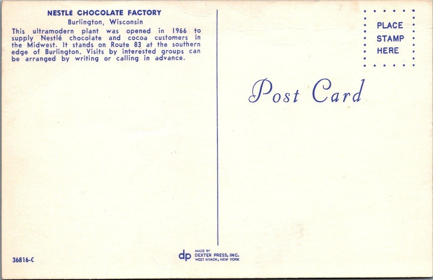 Nestle Chocolate Factory Burlington Wisconsin Candy Postcard ZAYIX 090222PC72