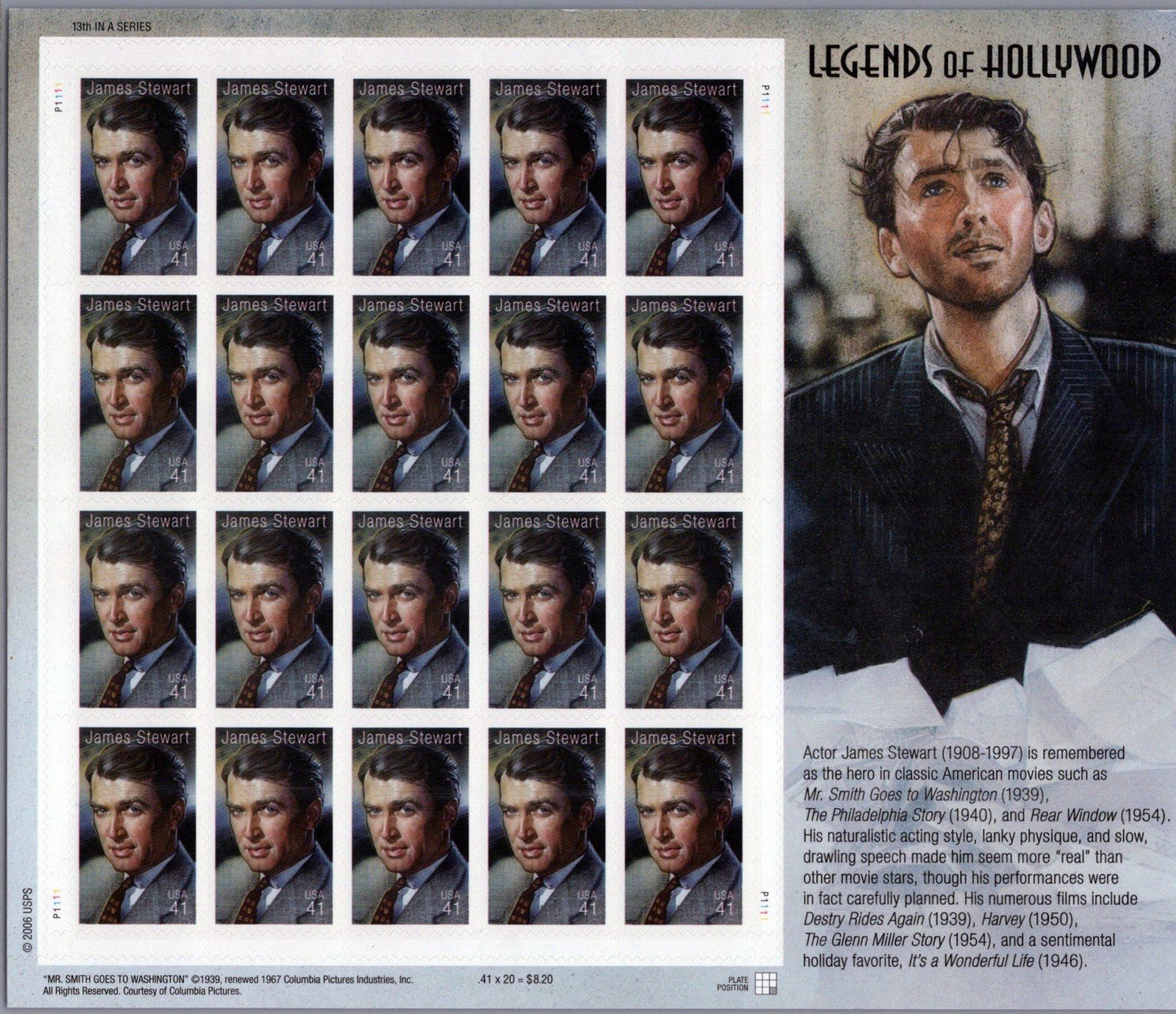 US 4197 MNH Sheet of 20 Jimmy Stewart Legends of Hollywood ZAYIX