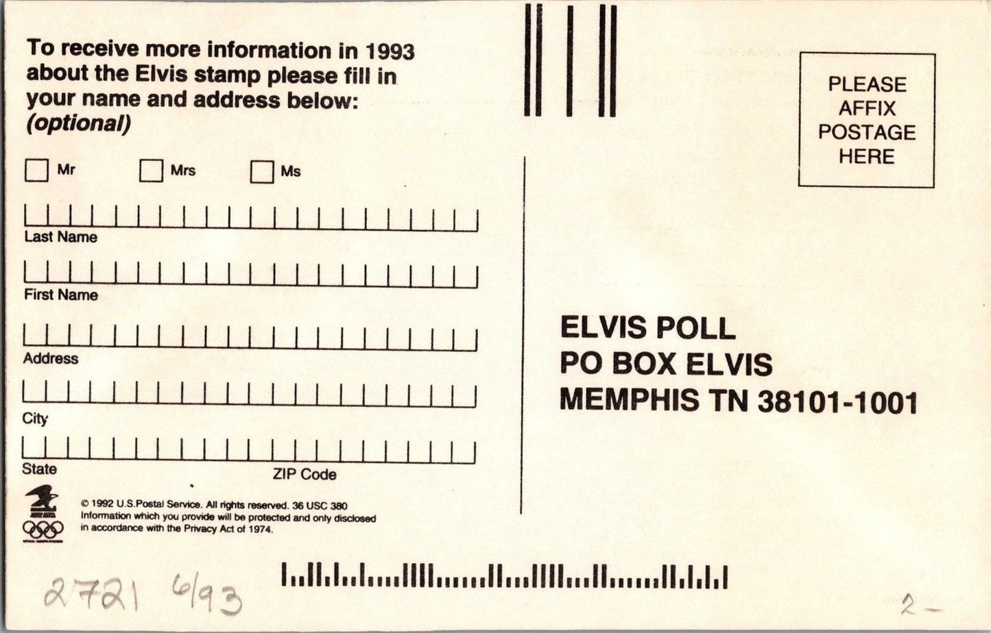 US 2721 FDC Elvis on USPS Poll Postcard - Memphis Cancellation ZAYIX 060722SM50