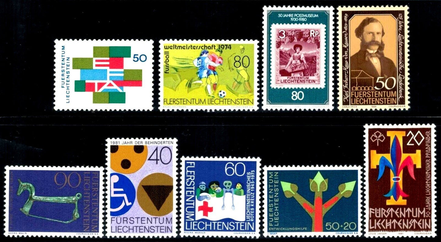 Liechtenstein 9 MNH Stamps - Soccer - Wine - Scouts - Red Cross ZAYIX 031822S25