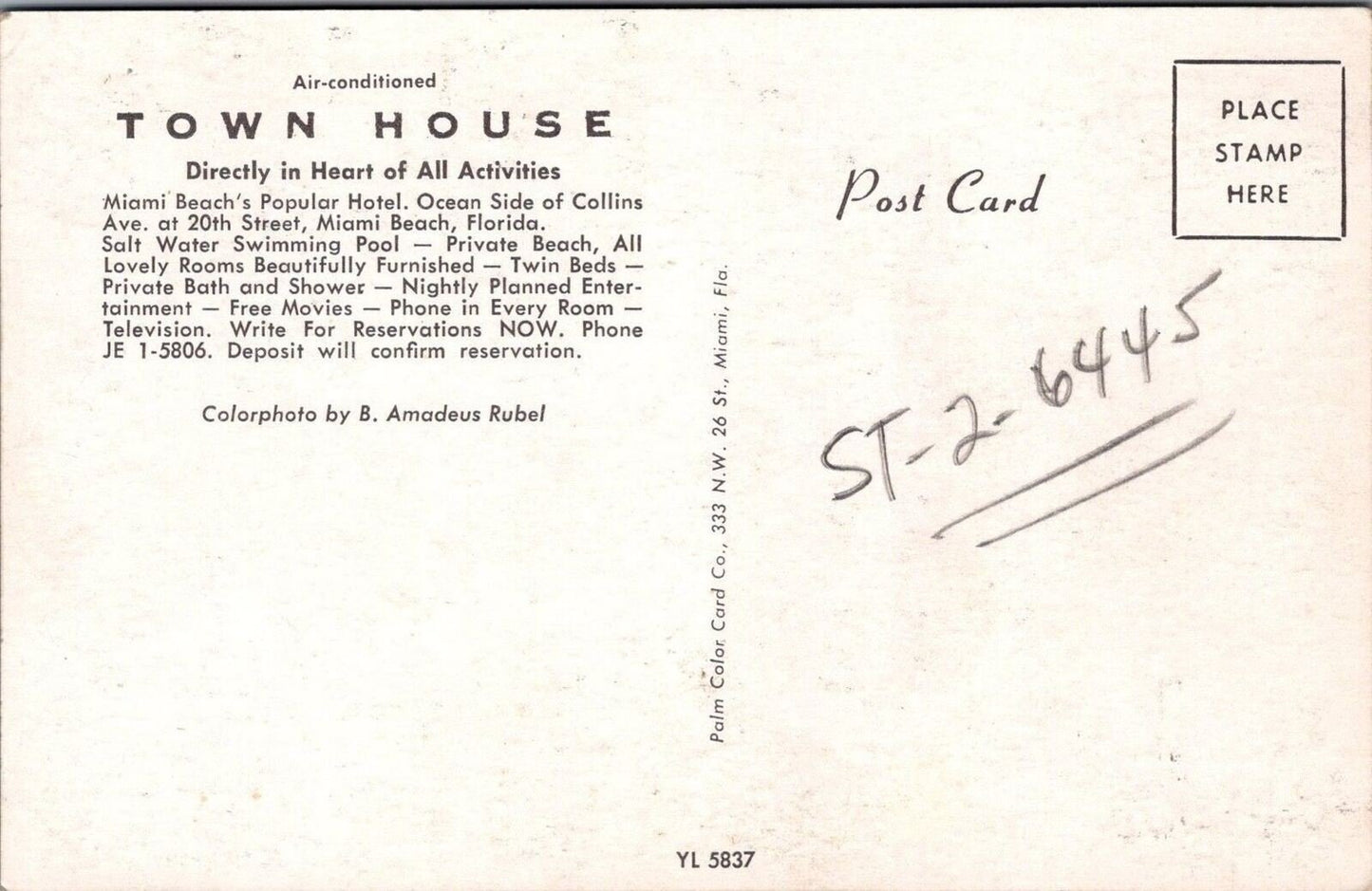 Town House Hotel Ocean Side beach Miami Florida Postcard ZAYIX 090222PC139