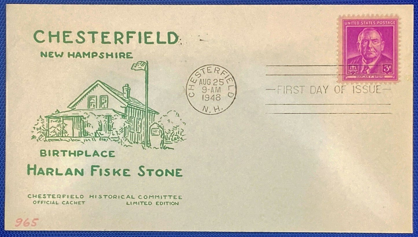 US 965 FDC Chesterfield Limited Harlan Fiske Stone ZAYIX 010622SM82