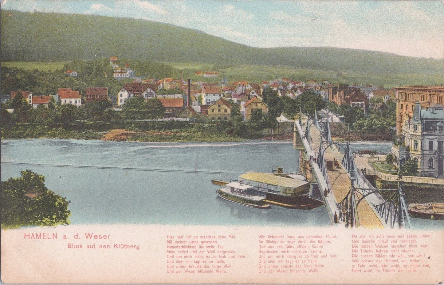 Hameln on the Water, Bridge Ships, Poetry Postcard c1912 Warneson & Sohn ZAYIX
