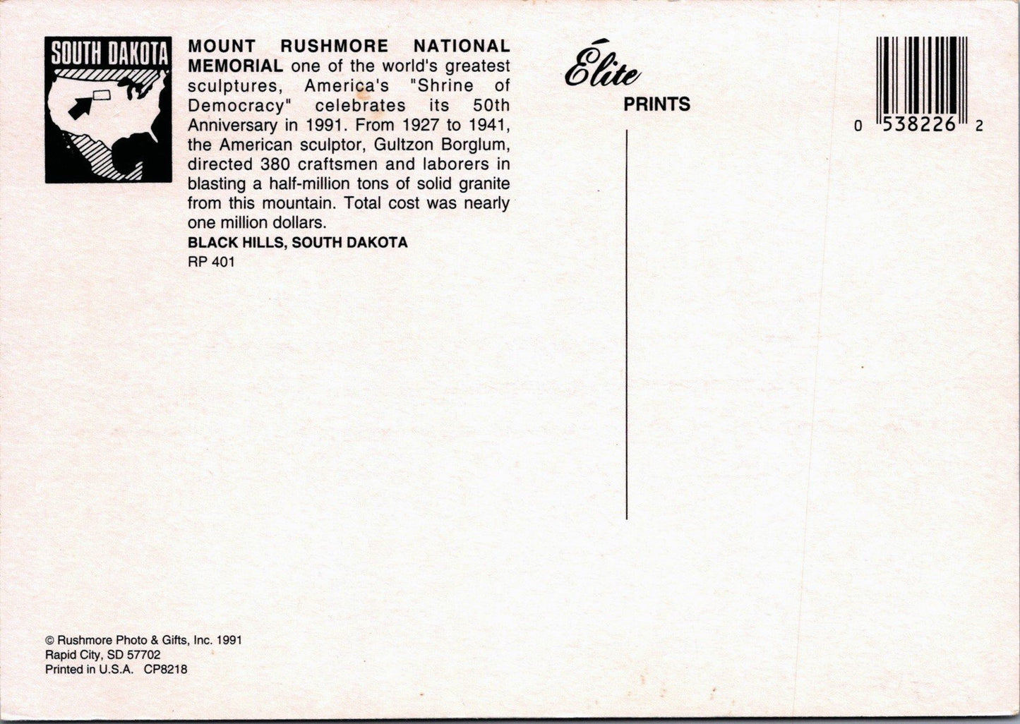 Mount Rushmore National Memorial, Black Hills, South Dakota Postcard ZAYIX