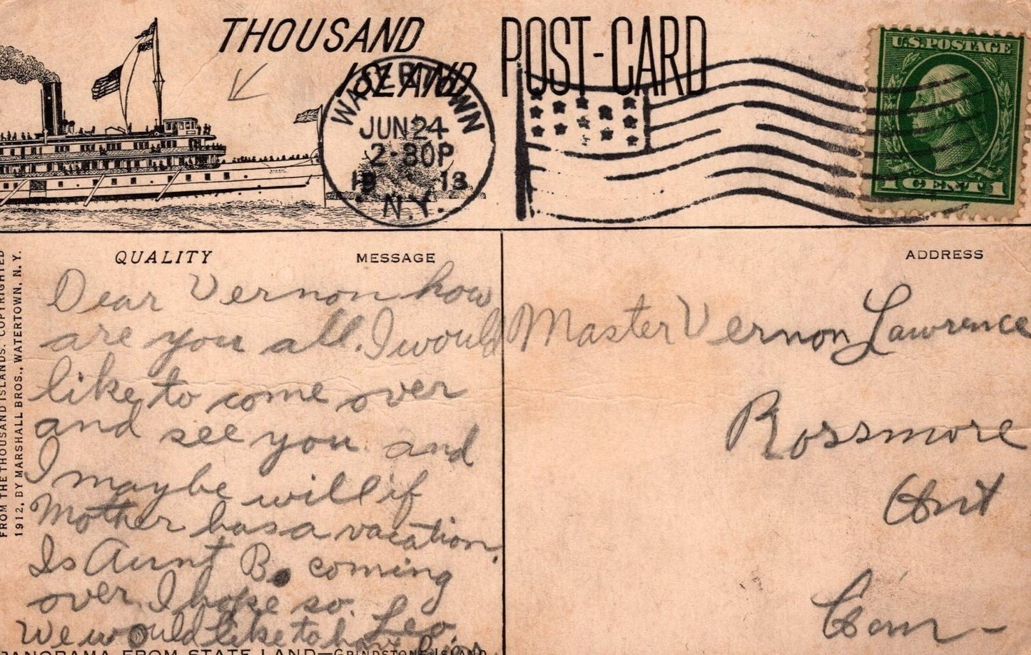Great Lakes Ship Thousand Island Panorama from State Land, Artist Postcard ZAYIX
