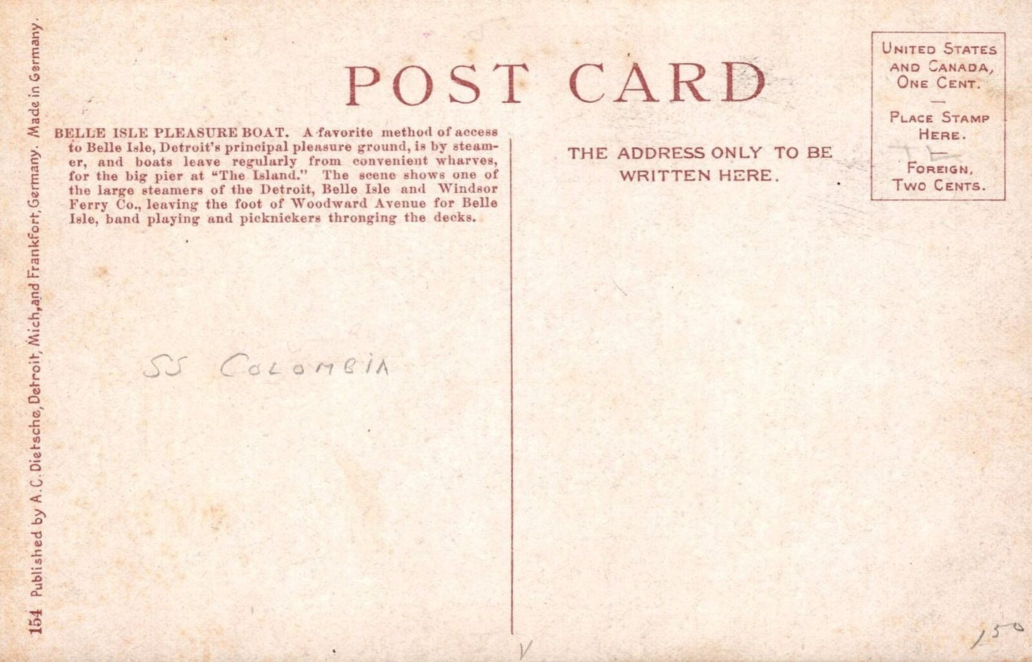 ZAYIX Postcard Great Lakes Steamer Belle Island Ferry Boat 1910s SS Colombia