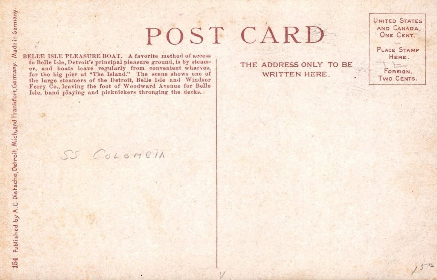 Great Lakes Steamer Belle Island Ferry Boat 1910s SS Colombia Postcard ZAYIX