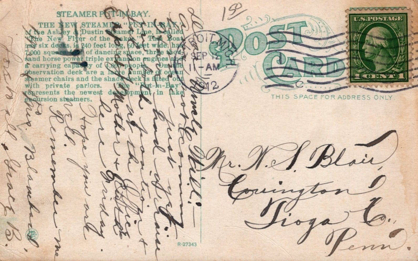 Great Lakes Steamer PUT-IN-BAY Ashley & Dustin Steamer Line c1912 Postcard ZAYIX