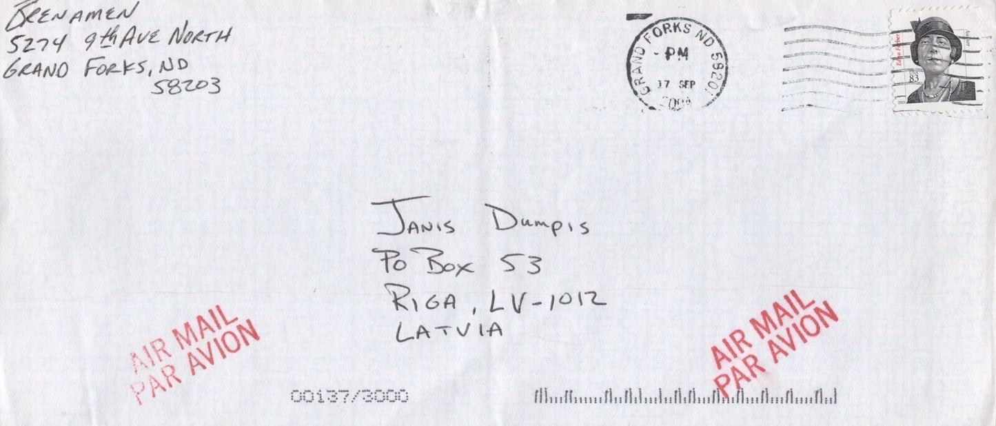 ZAYIX US 3434 Cover Airmail Single to Latvia Ferber Curving Shoulder 0324L0047