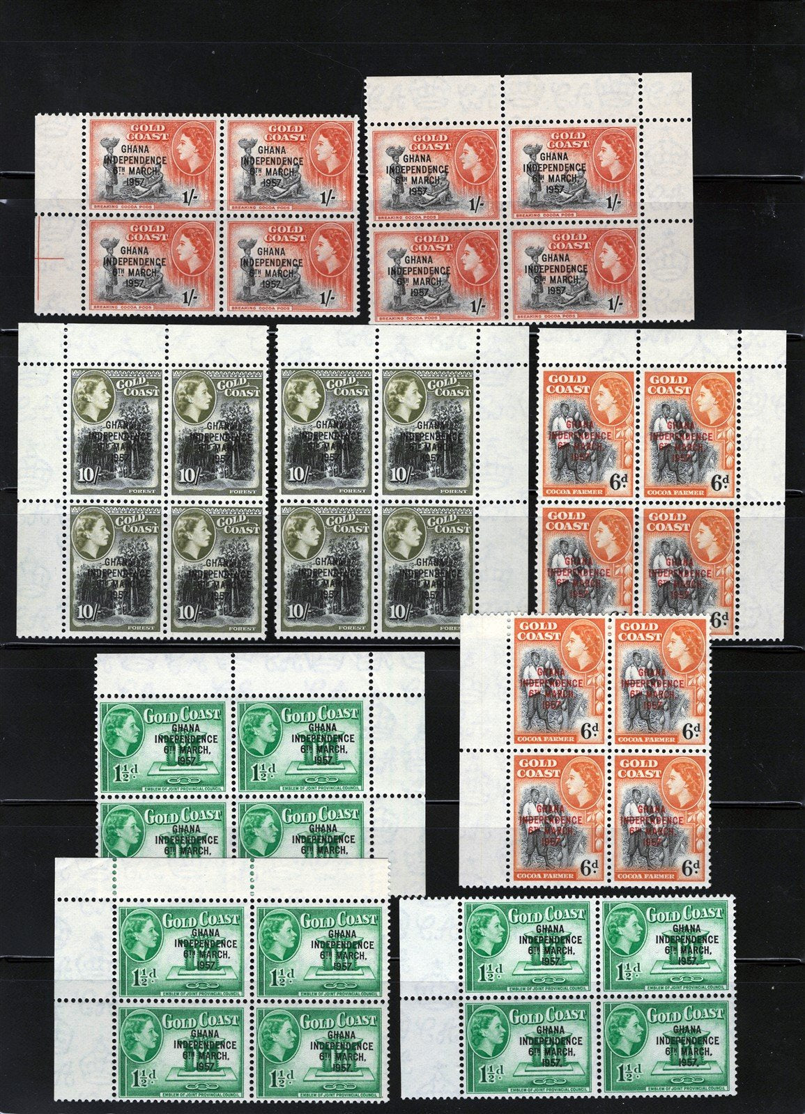 Ghana 5-10, 13 MNH Gold Coast Overprint Blocks ZAYIX STAMPS 0625L0005