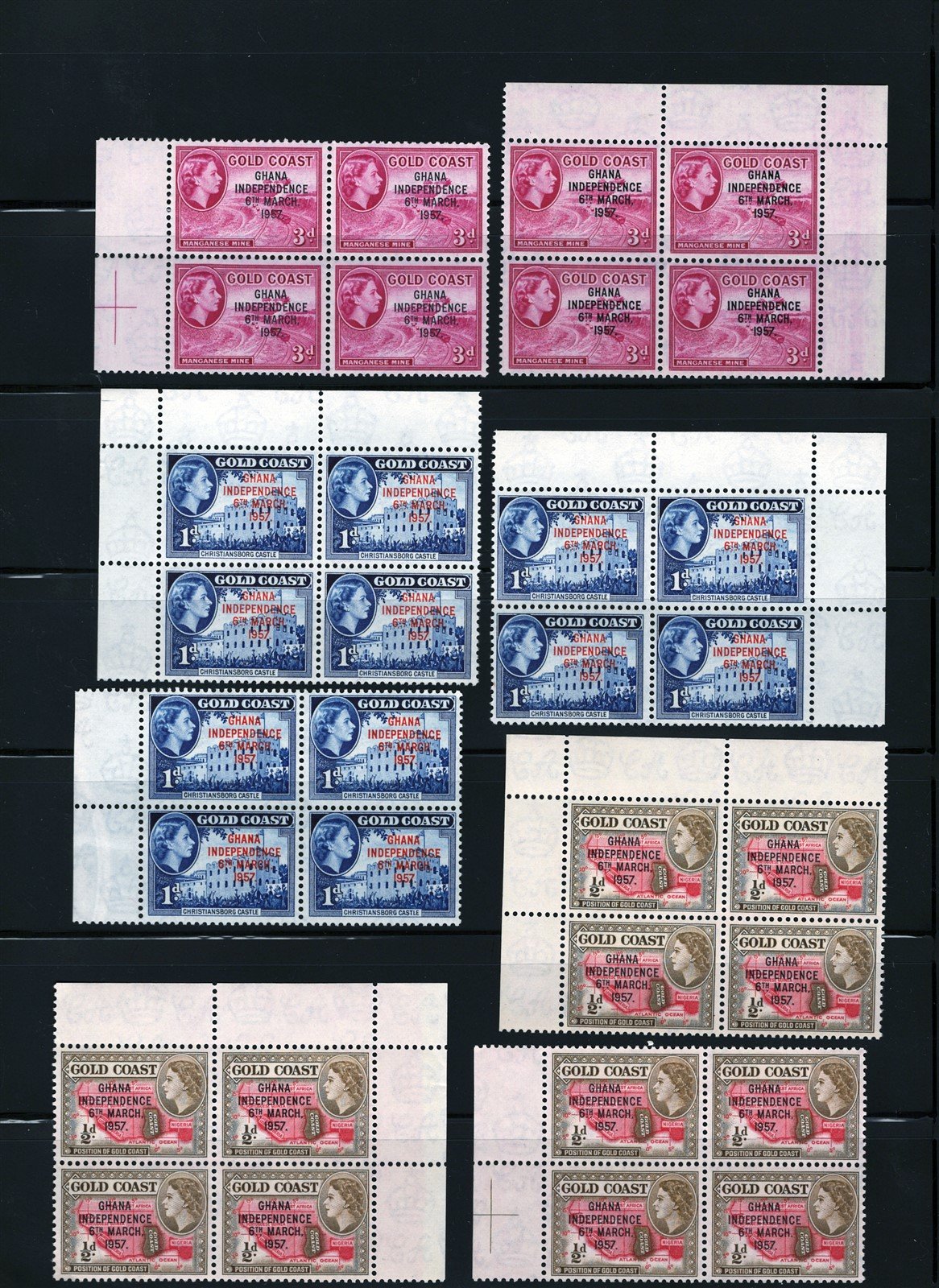Ghana 5-10, 13 MNH Gold Coast Overprint Blocks ZAYIX STAMPS 0625L0005