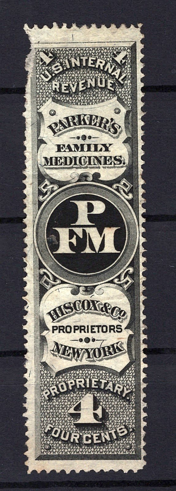 US Revenue Medicine RS123b Hiscox & Co., silk paper, tear UL ZAYIX 0625S0306