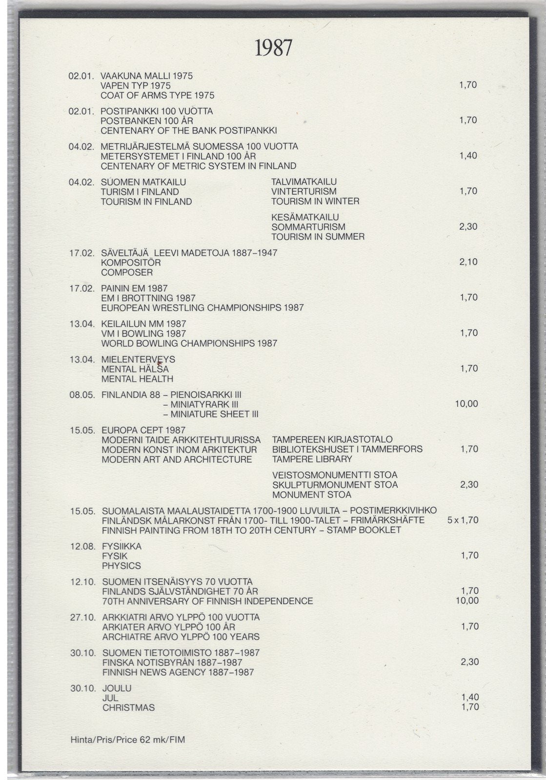 Finland 1987 Year Pack Official Year Set MNH Complete ZAYIX STAMPS 0625L0029