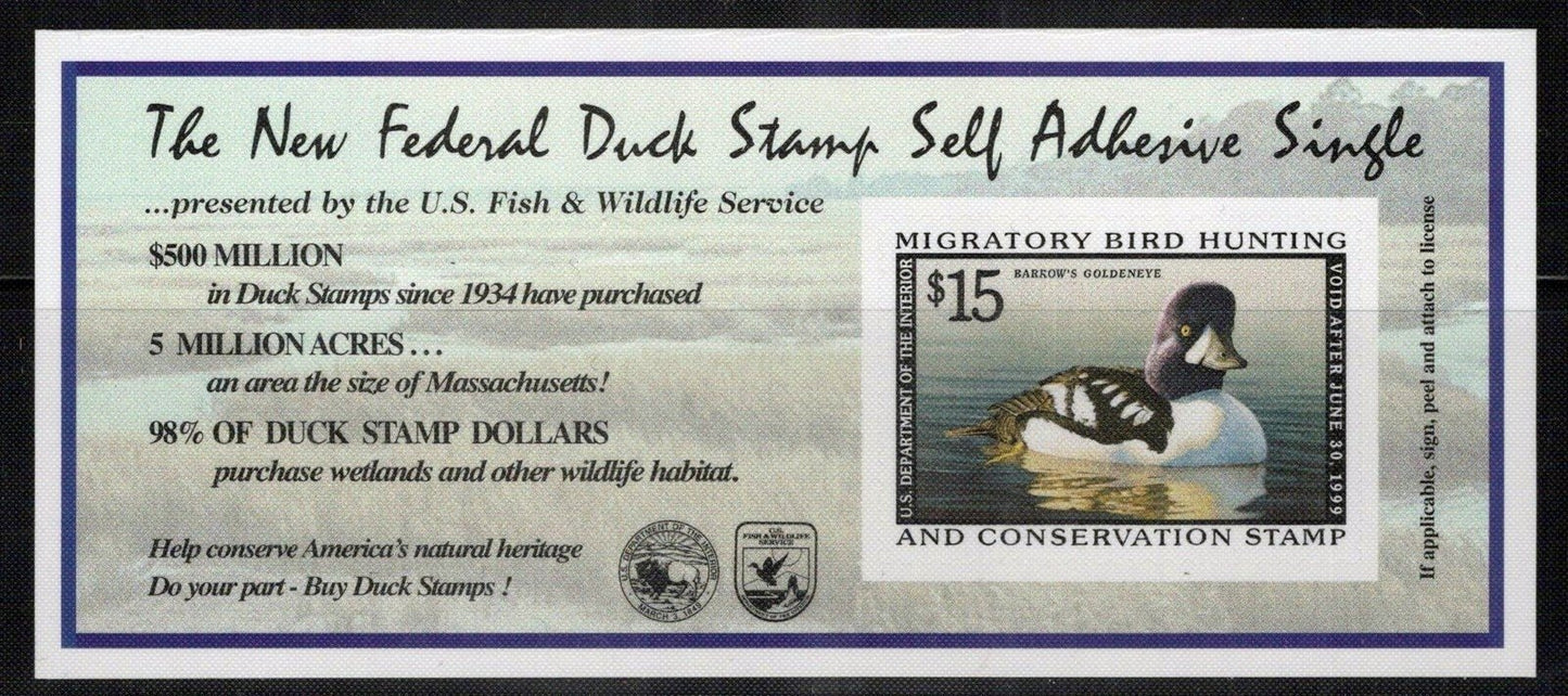 US RW65A MNH VF $15 self-adhesive Duck Revenue Zayix Stamps 0625WM1052M