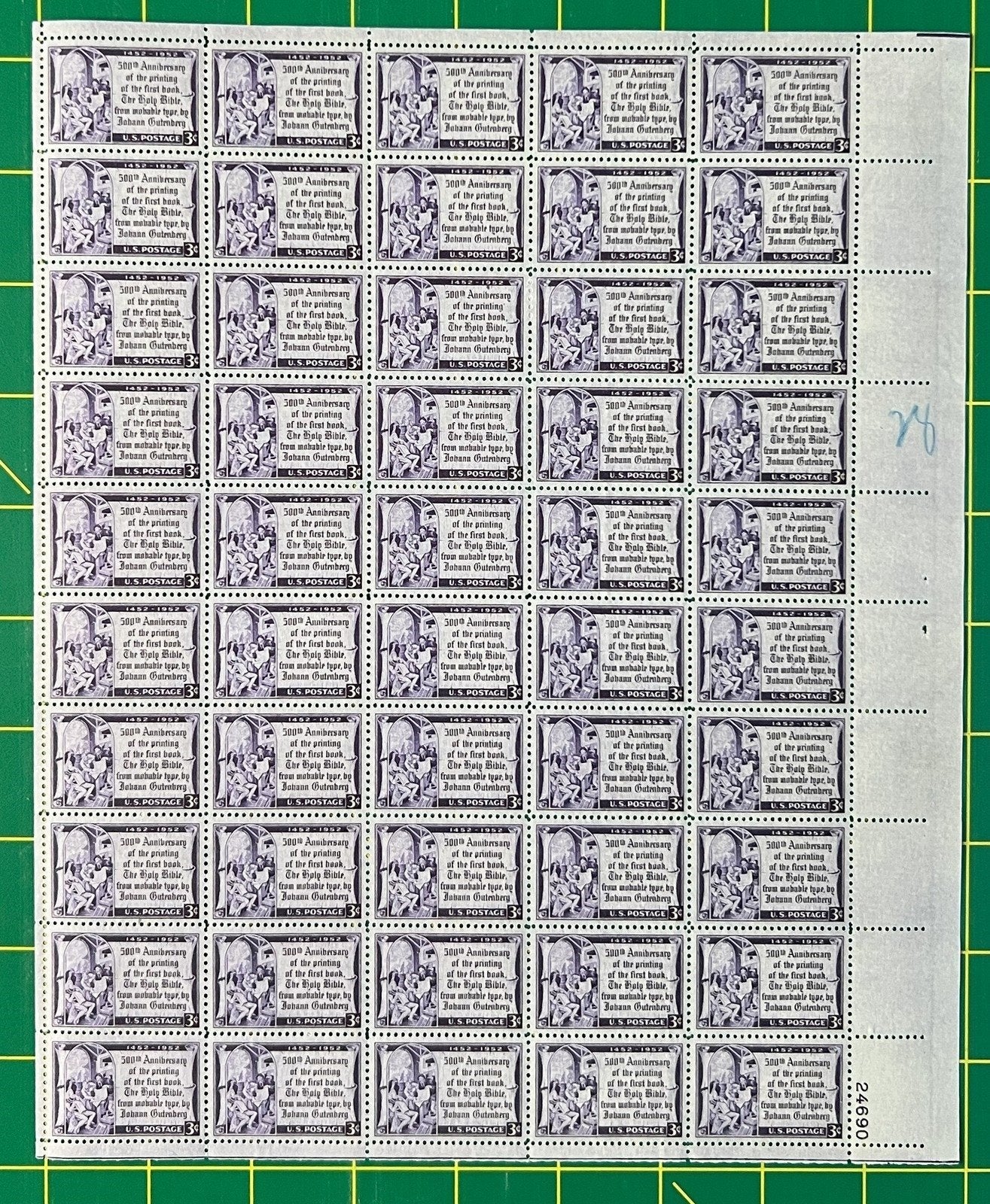 US 1014 MNH Sheet 3 Cent Gutenberg Bible 500th Anniv. ZAYIX 0825L1583