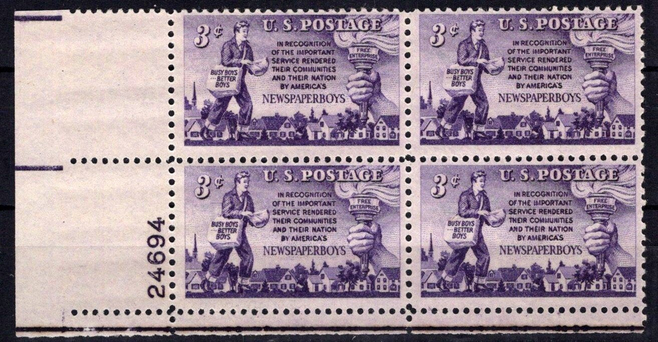 United States 1015 MNH Plate Block Newspaper Boys ZAYIX STAMPS 0825S1639