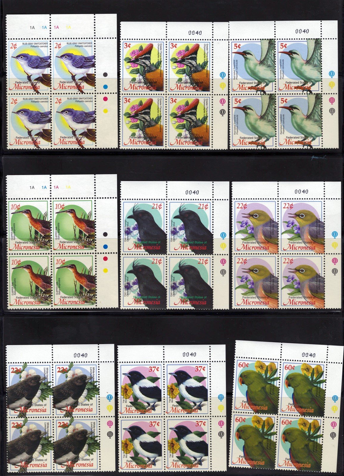 Micronesia 525-537, 600-601 MNH Birds Definitive Plate Blocks ZAYIX 0825L1709