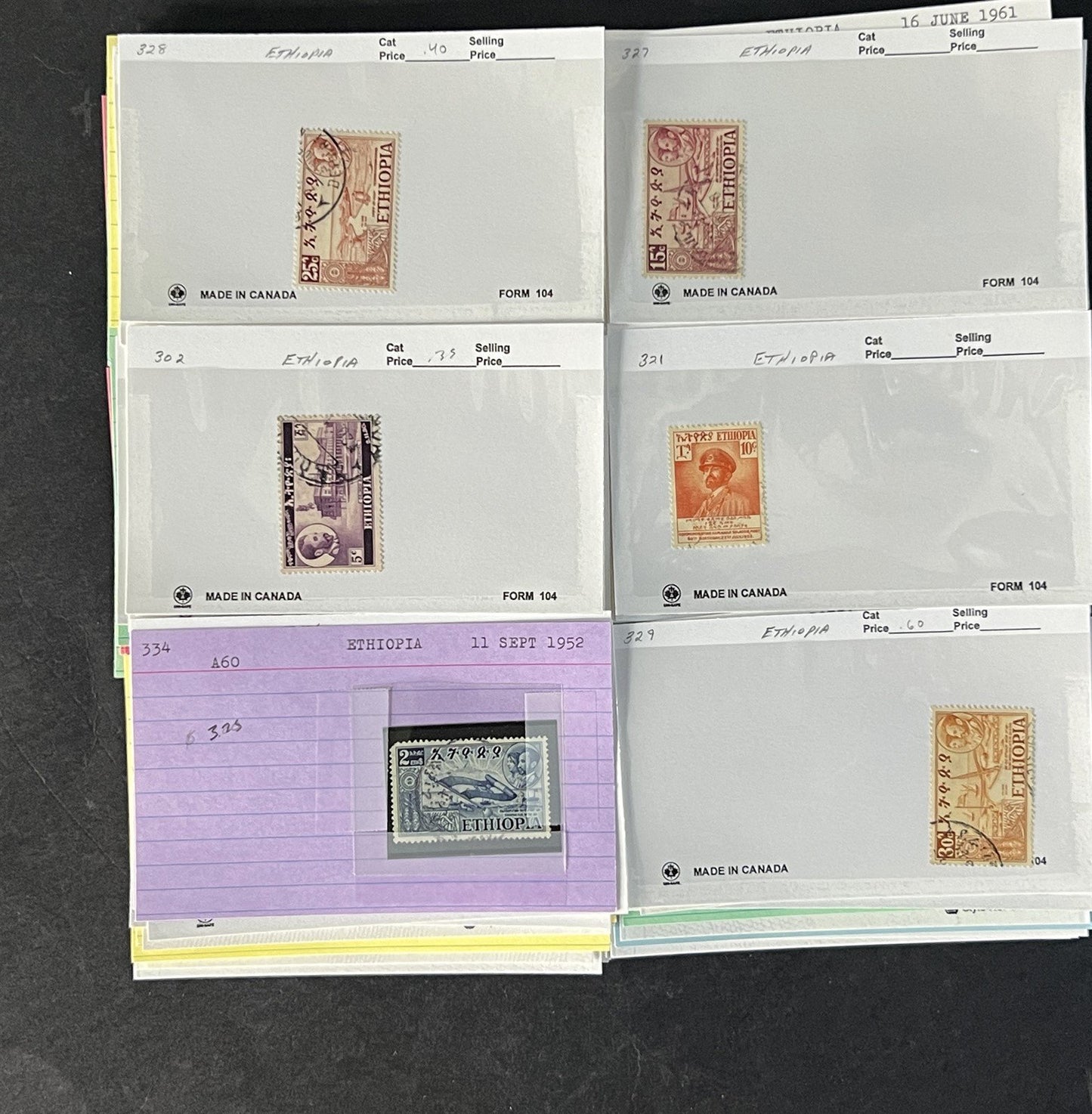 Ethiopia Stamp Collection on Dealer Cards $326 Cat Value ZAYIX 0825CB14525