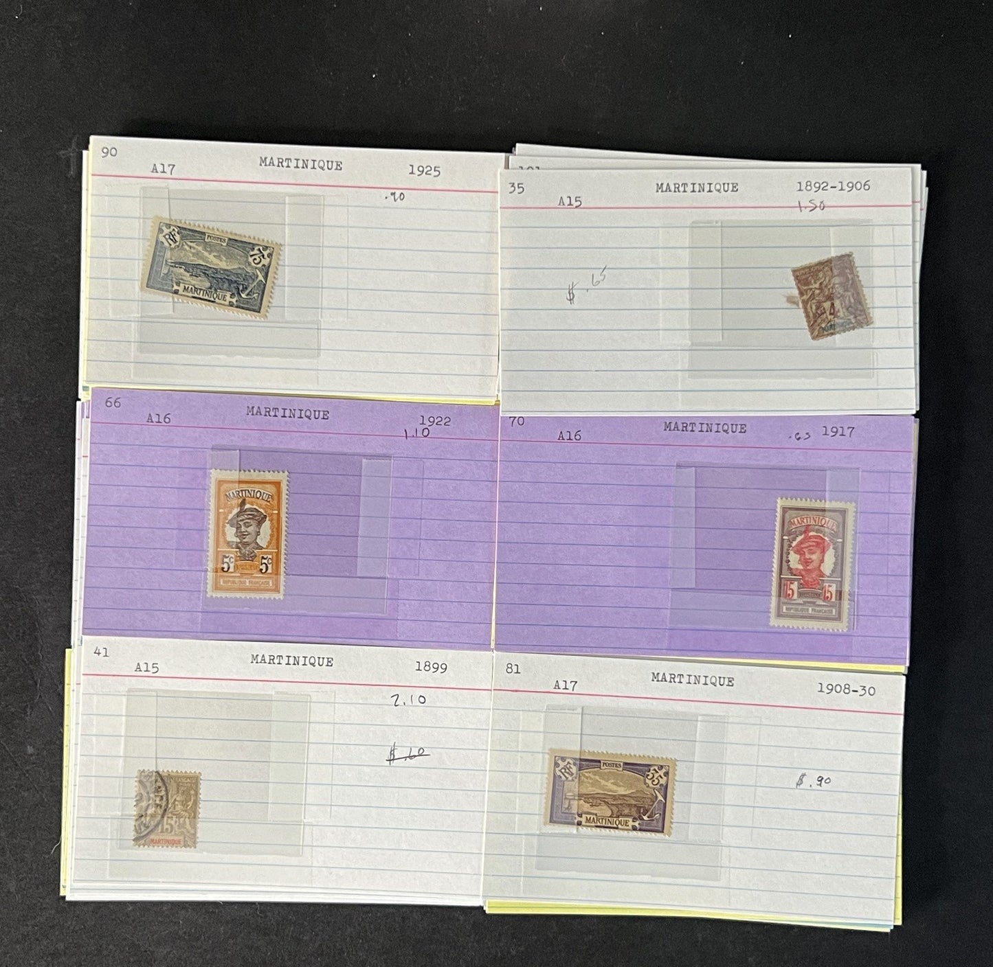 Martinique Stamp Collection on Dealer Cards $88 Cat Val ZAYIX 0825CB14540