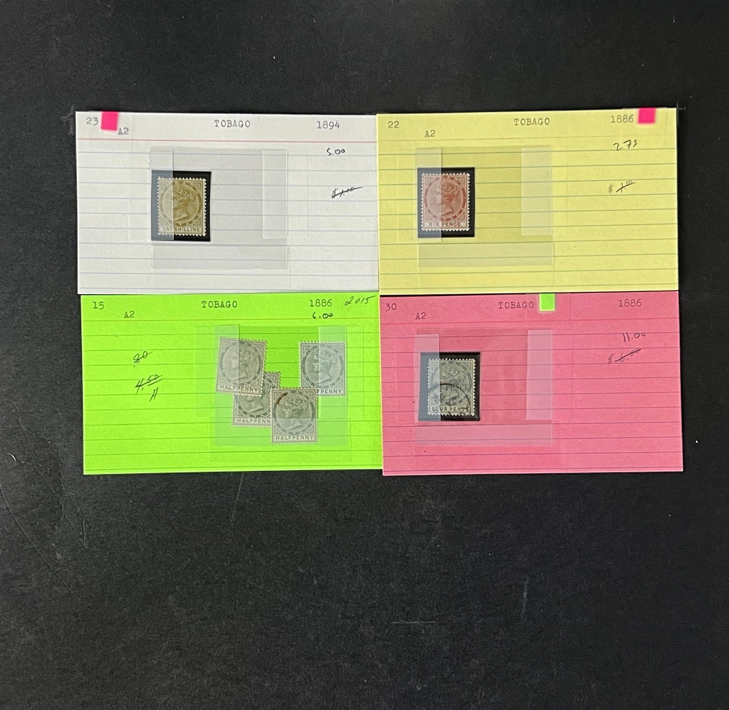 Tobago Stamp Collection on Dealer Cards $87 Catalog Value ZAYIX 0825CB14566