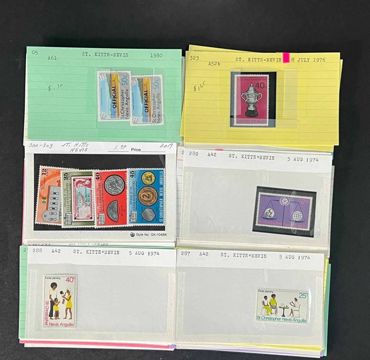 St. Kitts Nevis Stamp Collection on Dealer Cards $112 CV ZAYIX 0825CB514611