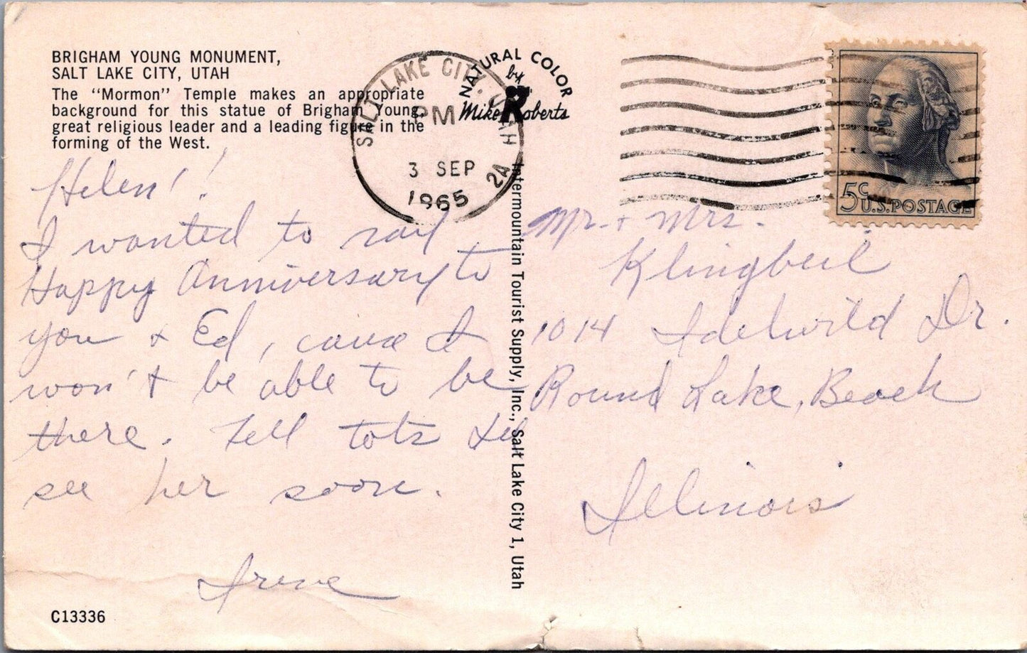ZAYIX Postcard Brigham Young Monument Salt Lake City Utah Mormon 090222PC94