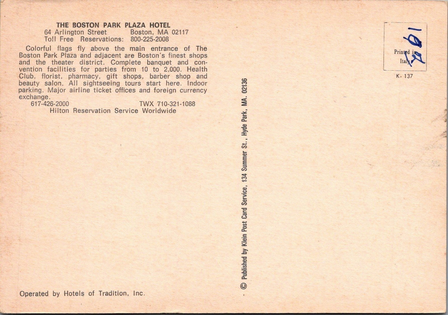Patriotic Arlington Street Park Square Boston Hotels Postcard ZAYIX 083022PC07