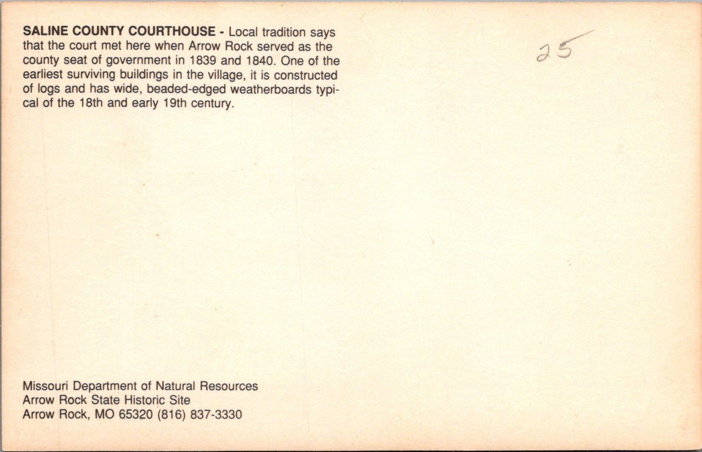 Saline County Courthouse Arrow Rock Historic Site MO Postcard ZAYIX 083022PC10