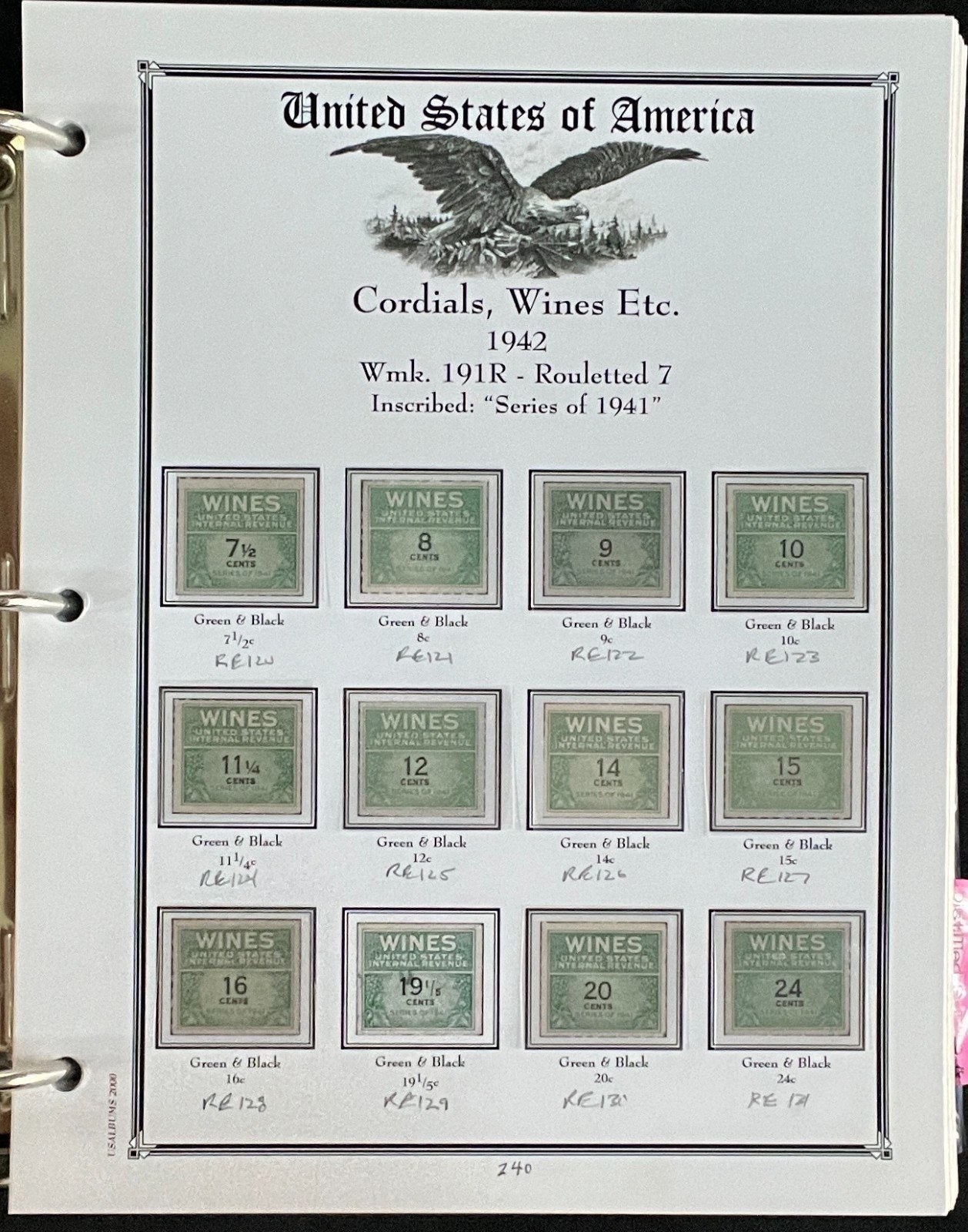 U.S. Distilled Spirits & Excise Tax Stamps Album 239 Color Pages 1914-1970 ZAYIX