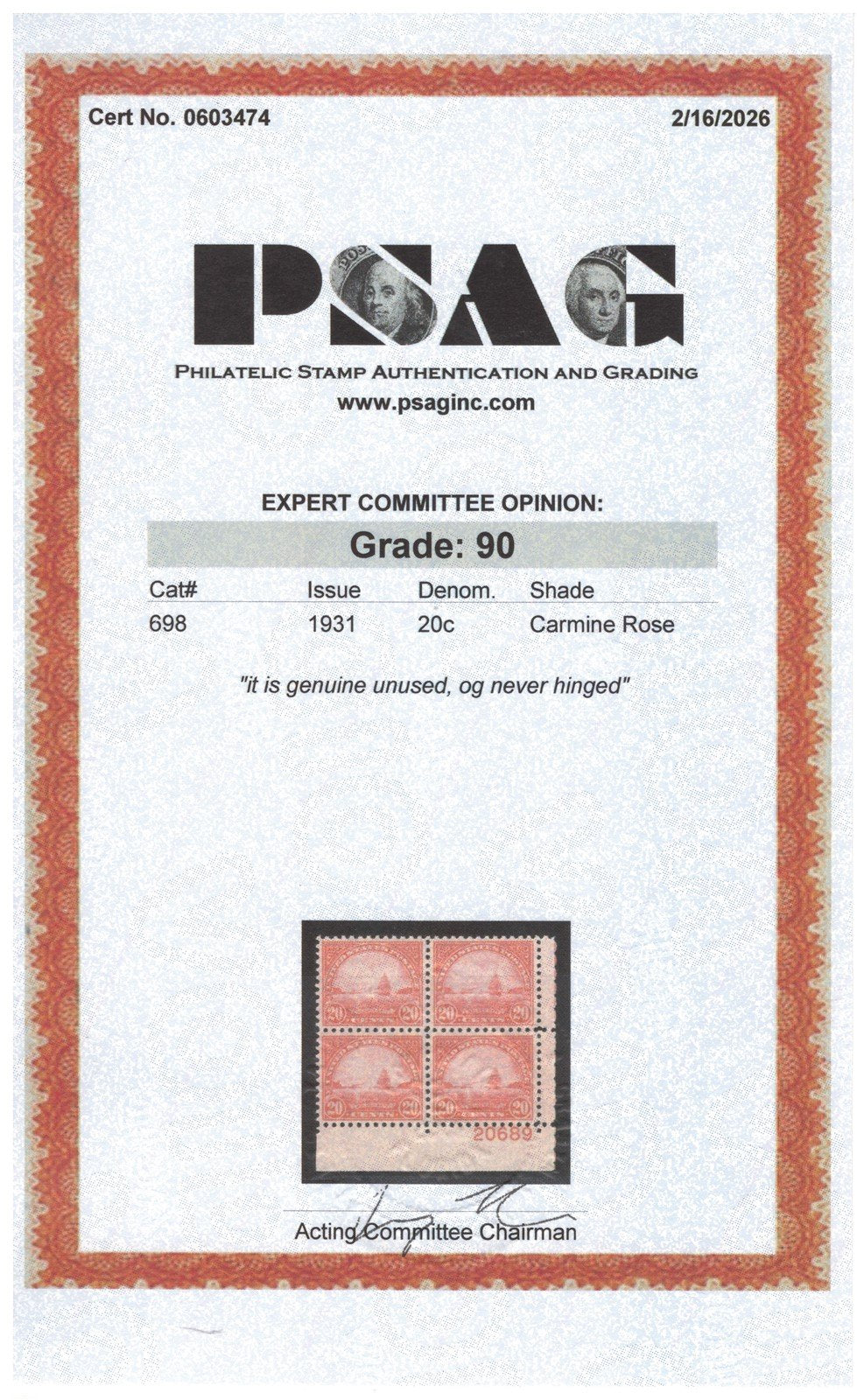 US 698 MNH XF Grade 90, PSAG Cert Plate Block, 20-cent Rotary Press ZAYIX