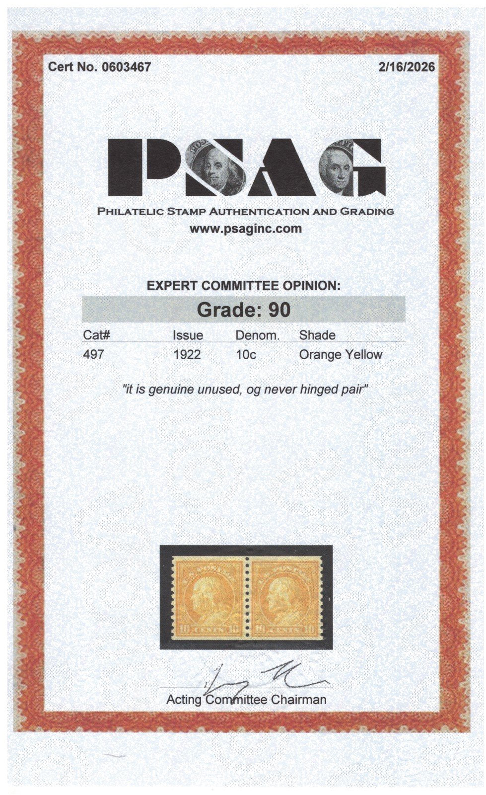 US 497 MNH XF Grade 90 PSAG 10c org yel Franklin Rotary perf 10 coil pair ZAYIX