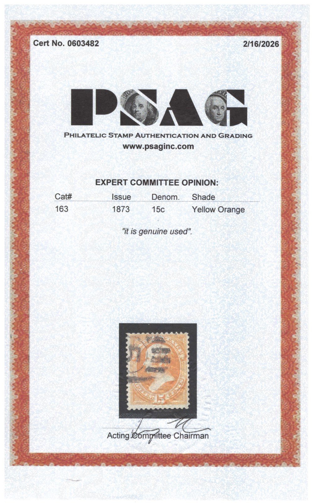 US 163 Used F cert 1873 15c yellow orange Webster, Continental Bank Note ZAYIX