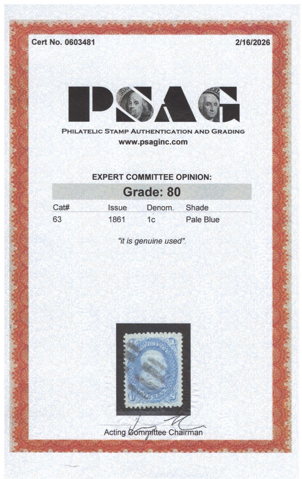US 63 Used VF Grade 80 PSAG Cert 1861 1c Ultramarine Franklin ZAYIX