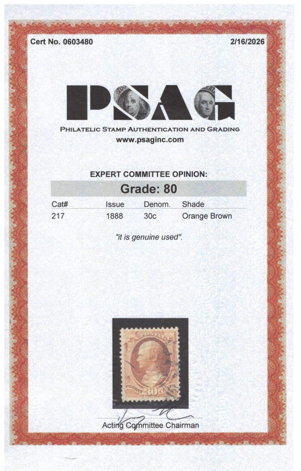US 217 Used VF Grade 80 PSAG Cert 1888 30c Orange Brown American Bank Note ZAYIX