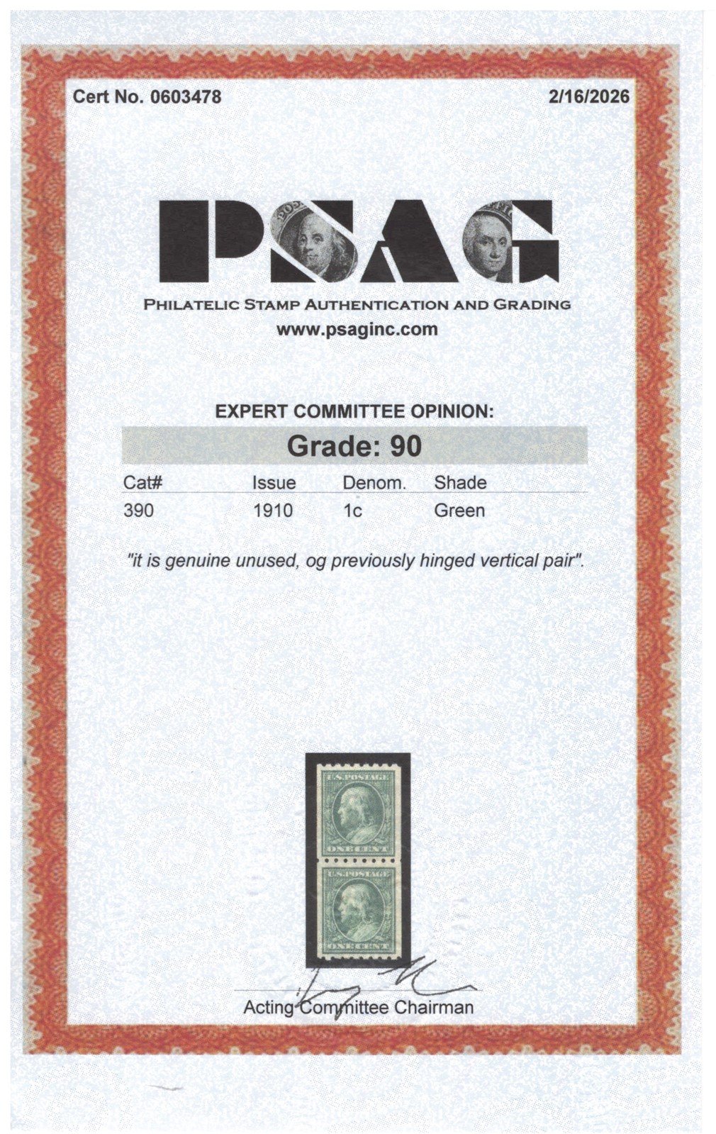 US 390 MH XF Grade 90 PSAG Cert, 1c green Franklin vertical coil pair ZAYIX