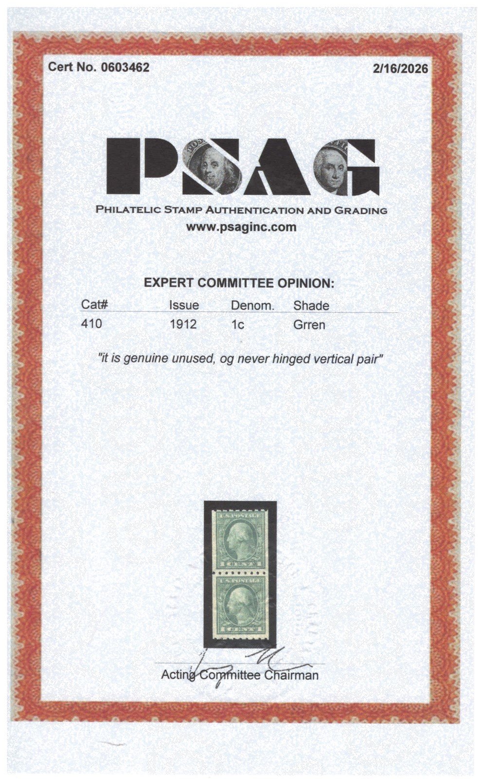 US 410 MNH VF PSAG Cert 1c green Washington vertical coil pair ZAYIX
