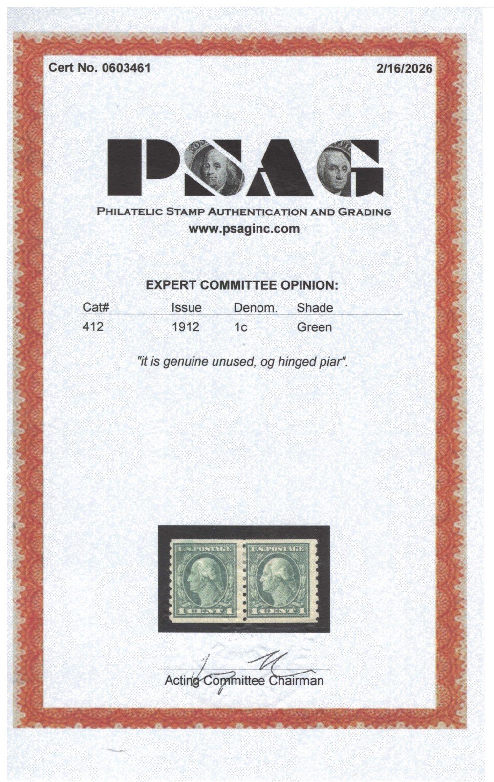 US 412 MH FVF PSAG Cert 1c green Washington horizontal coil pair ZAYIX
