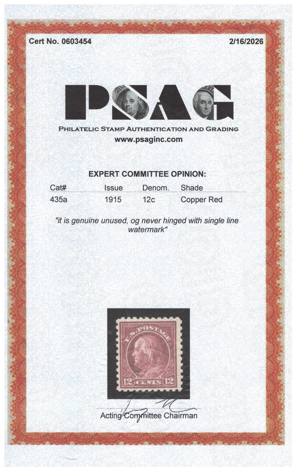 US 435a MNH FVF PSAG Cert - 1915 12c Copper Red Franklin Perf 10 SL Wmk ZAYIX