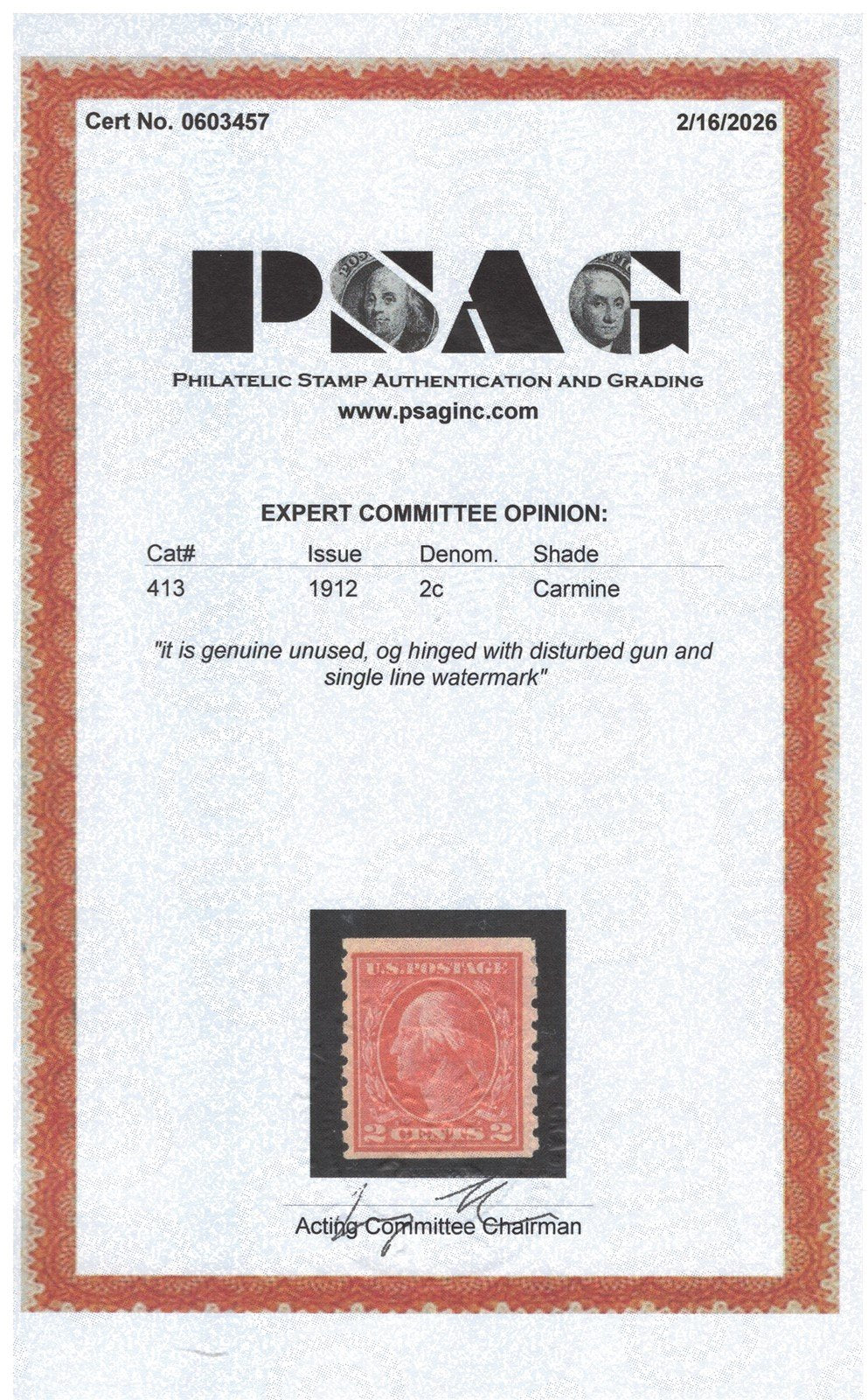 US 413 MH FVF PSAG Cert 1912 2c Carmine P 8.5 coil, SL Wmk ZAYIX