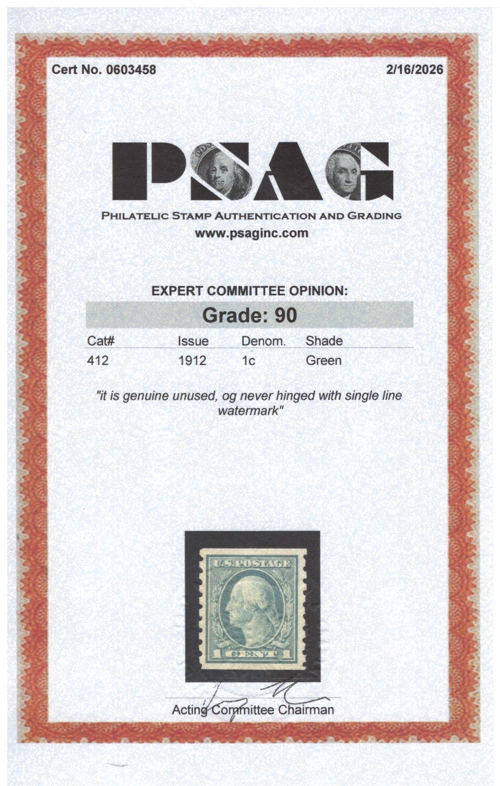 US 412 MH XF Grade 90 PSAG 1912 1c green Washington P 8.5 coil SL Wmk ZAYIX