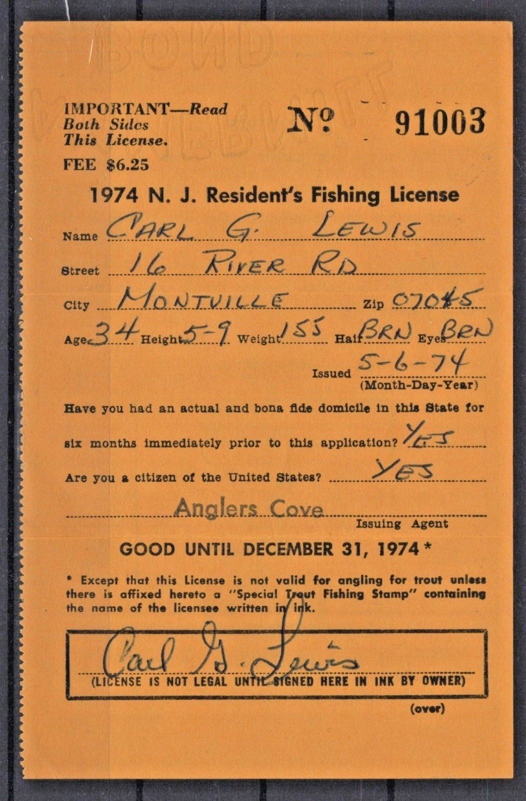 1974 New Jersey NJT-22 $2 Trout Stamp on Resident License ZAYIX