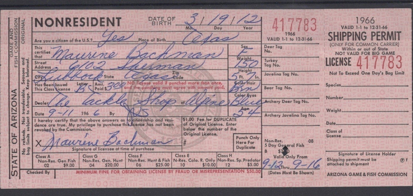 Arizona AZT-8 Used $2 1966 Arizona Trout Stamp 5 Day Non-Resident License ZAYIX